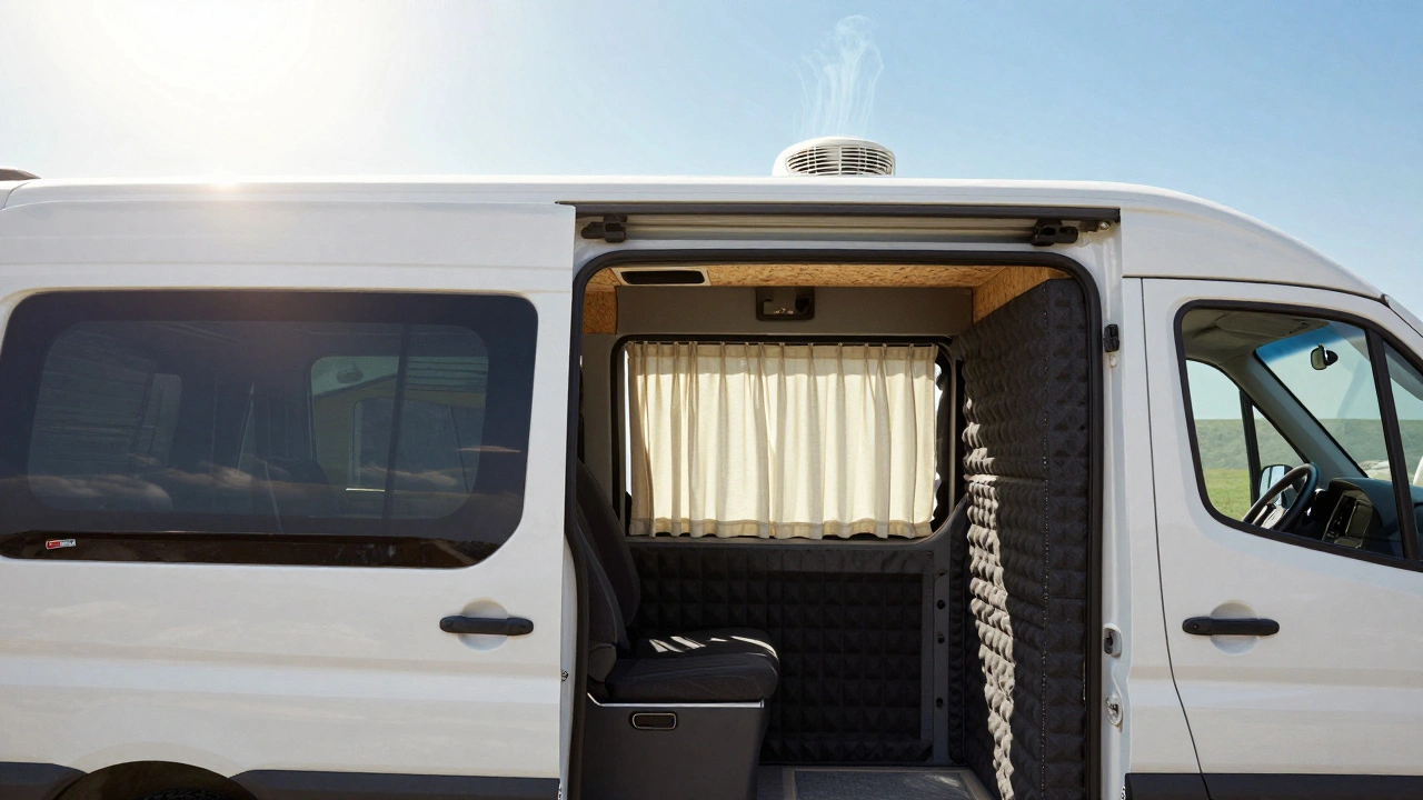 Van parked under hot sun, interior cool and comfortable with insulation and vent fan running, sunlight through insulated curtains.