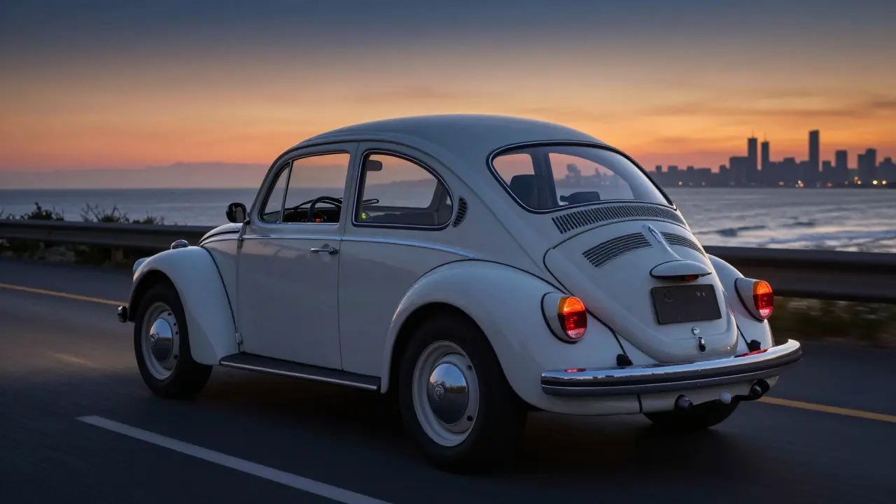 1970s Volkswagen Beetle driving at dusk with modern upgrades, reflecting a city skyline on wet road.