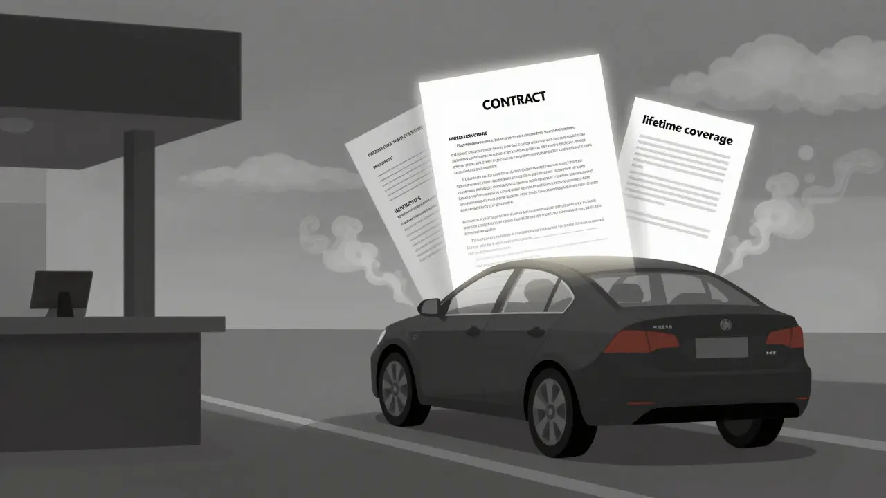 A car protected by floating legal documents as vague sales promises fade into smoke behind it.