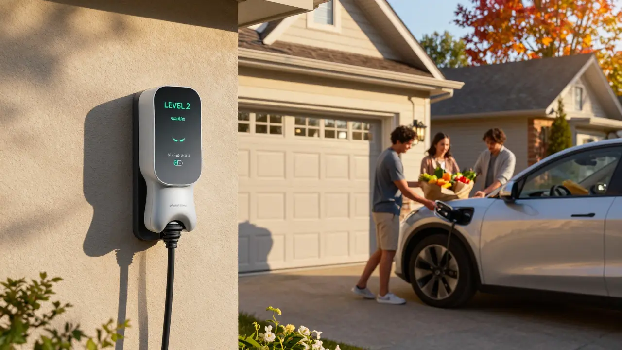 A home with a Level 2 EV charger glowing green as a family prepares to drive in the morning sun.