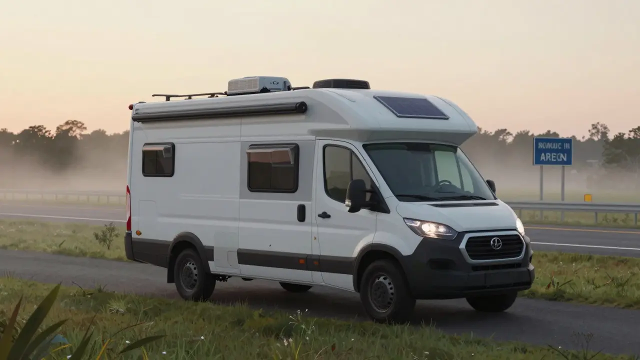 A modest van at a rural rest area at dawn, looking like just another parked truck.