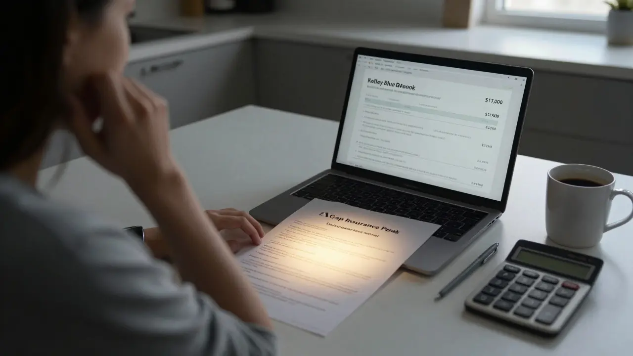 A person comparing car value and loan balance on a kitchen table with gap insurance document.