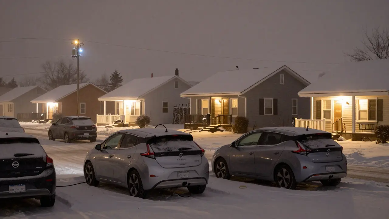 A snowy Michigan neighborhood where parked EVs are powering homes during a winter storm.