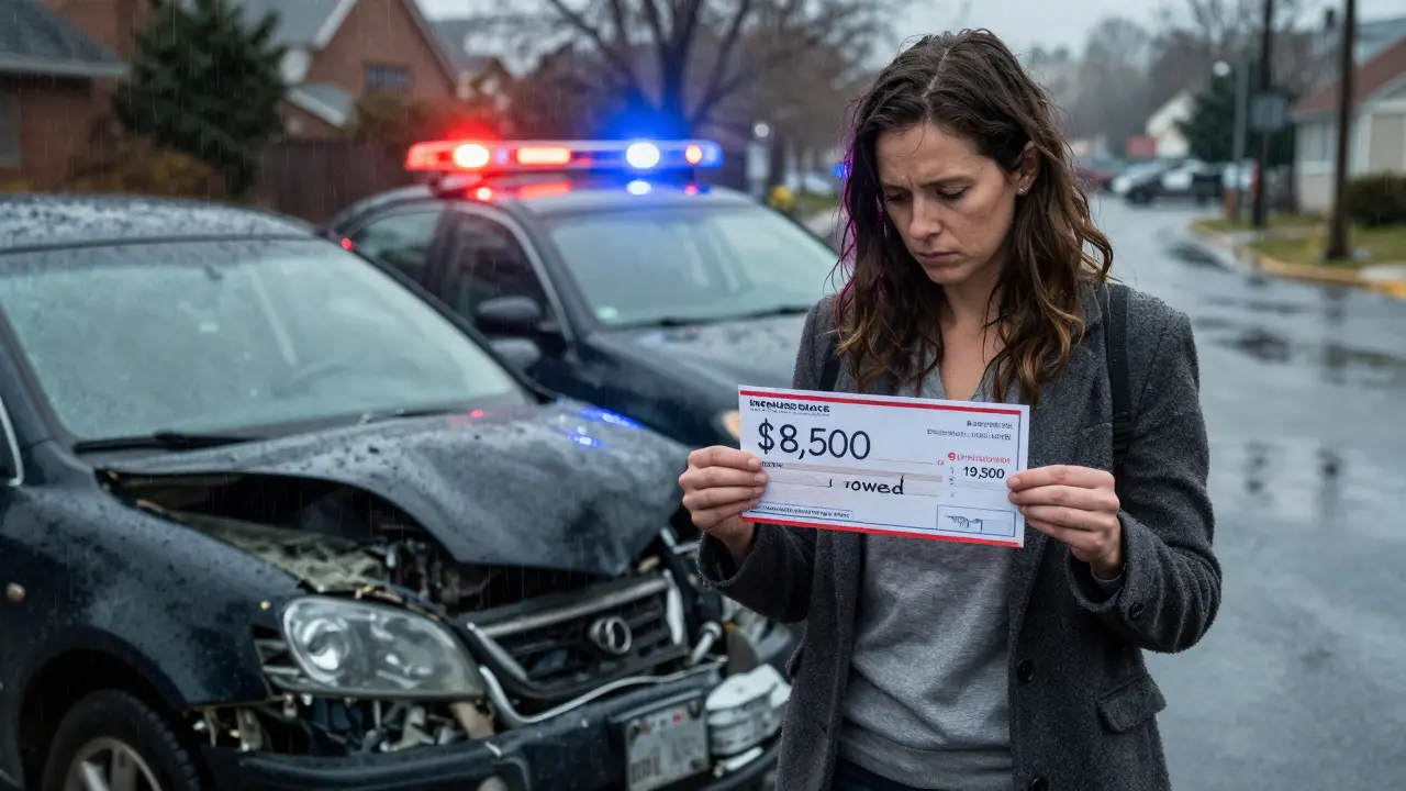A woman holding an insurance check beside a totaled car, facing a large out-of-pocket debt.