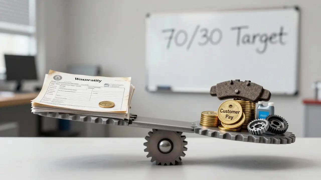Balanced scale with warranty forms vs. profitable auto parts, whiteboard in background showing 70/30 target.