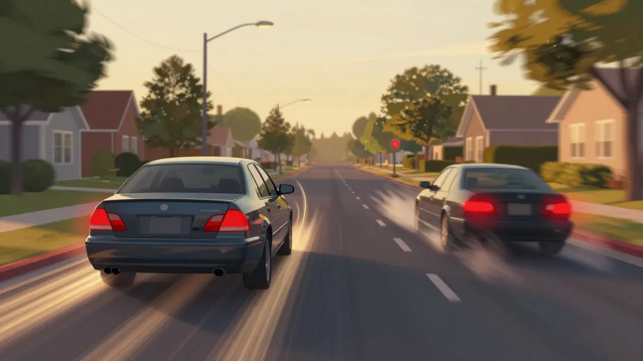 Car coasting to red light while another brakes aggressively, symbolizing fuel efficiency