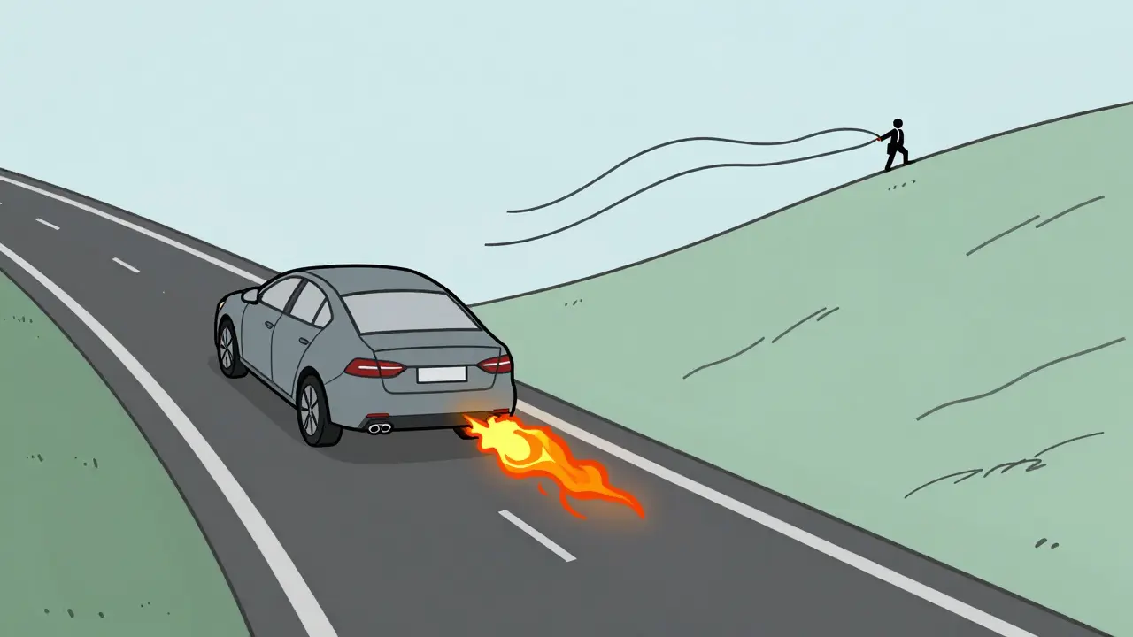 Car on hilly road with split view: cruise control wasting fuel vs. smooth coasting