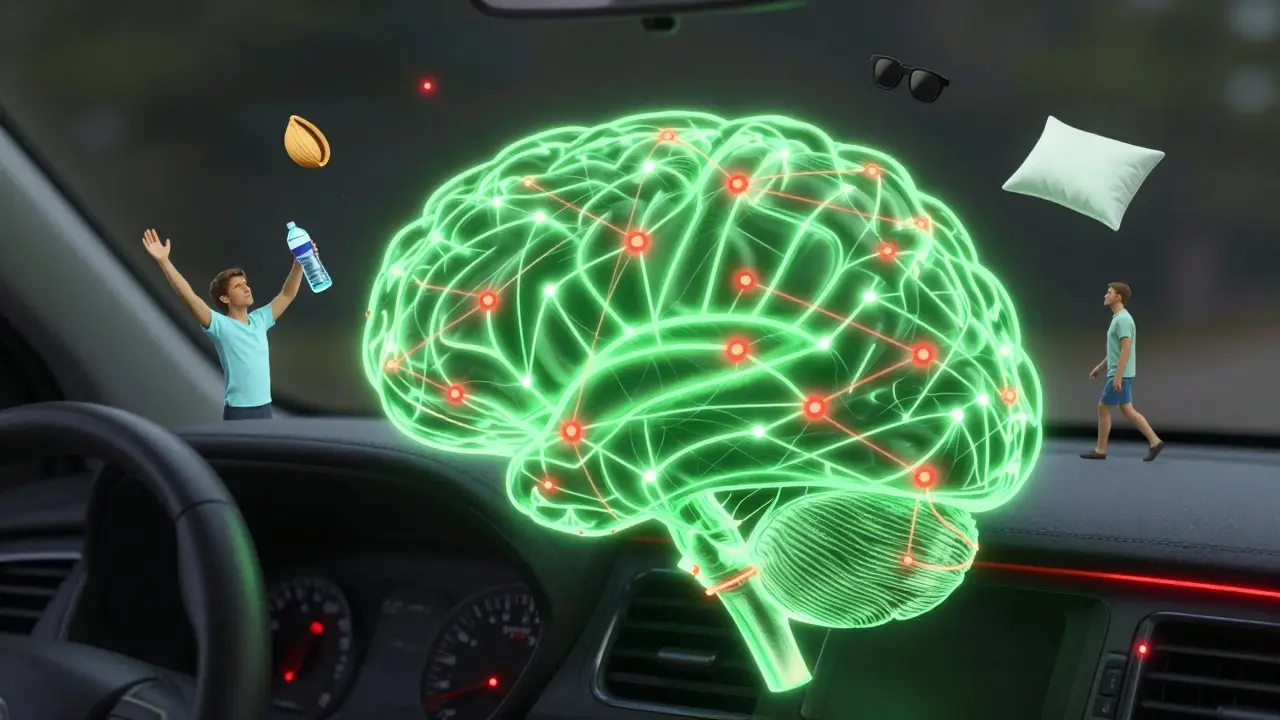 Conceptual brain inside a car dashboard, showing fatigue turning to alertness with wellness cues.
