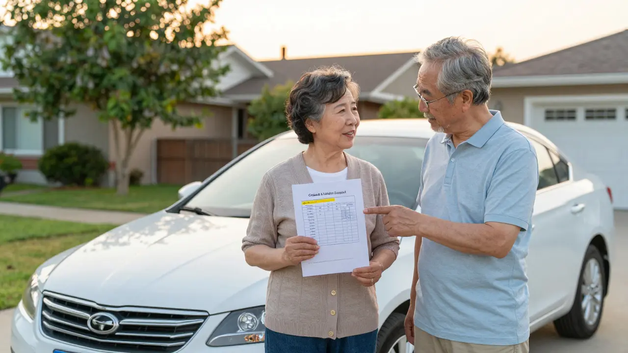 Couple standing by old car with policy document showing dropped coverage and savings.