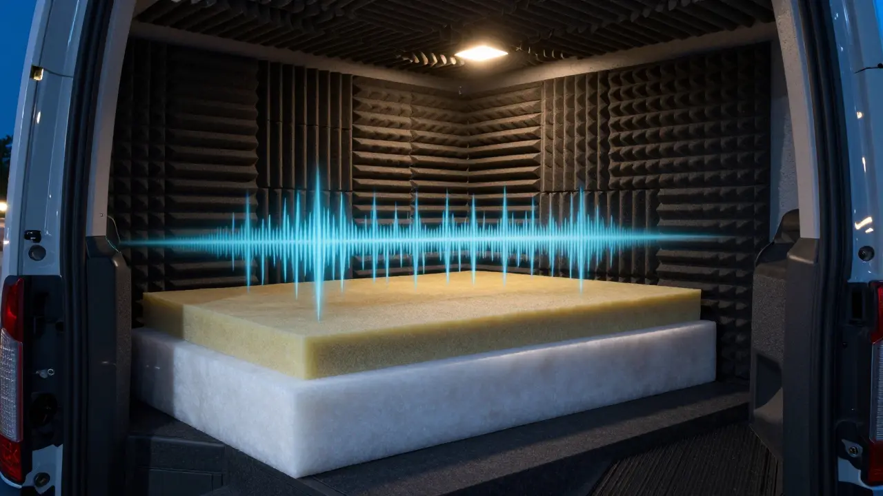 Cross-section diagram showing soundproofing layers reducing road noise in a van.