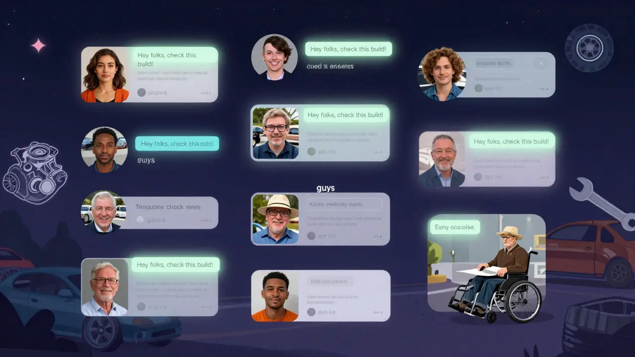 Digital collage of inclusive car forum interactions with fading exclusionary language.