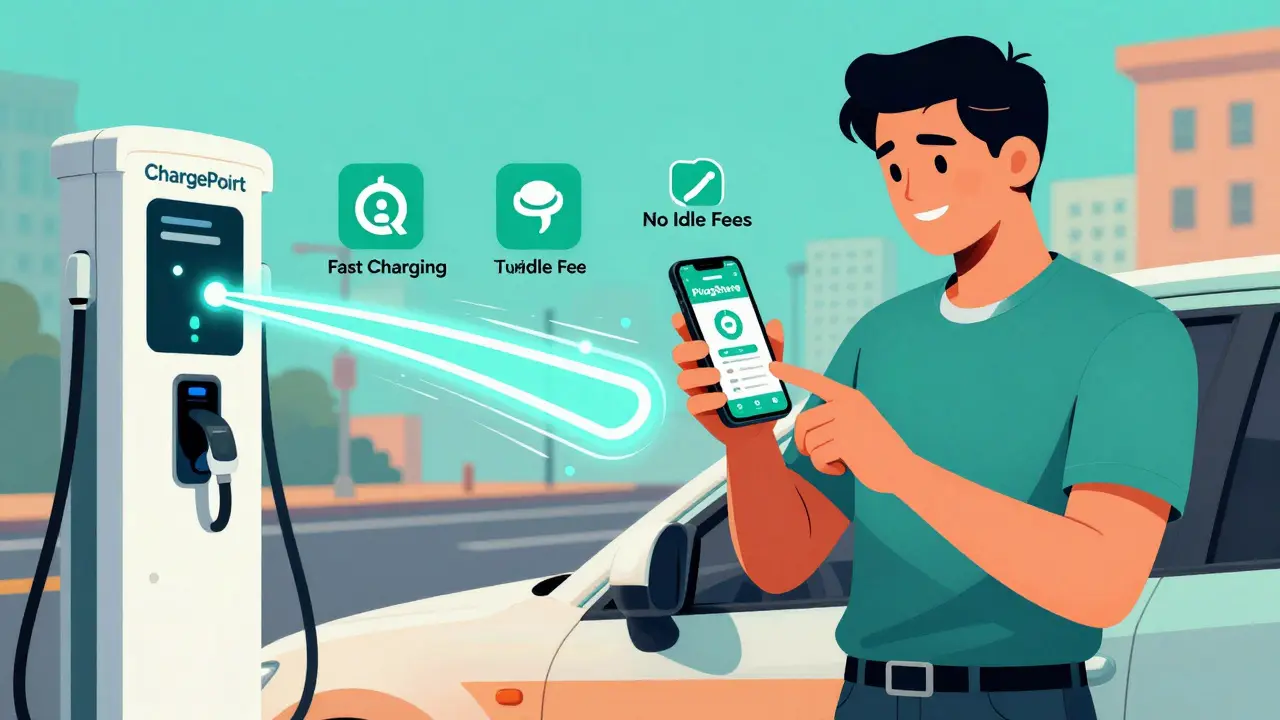 Driver using a smartphone app to locate and start charging at a public EV station with real-time status icons.