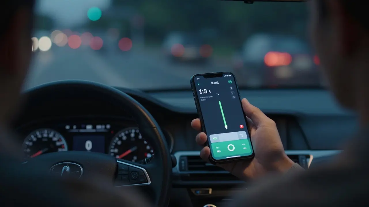Driver using telematics app while driving calmly with safe driving metrics visible.