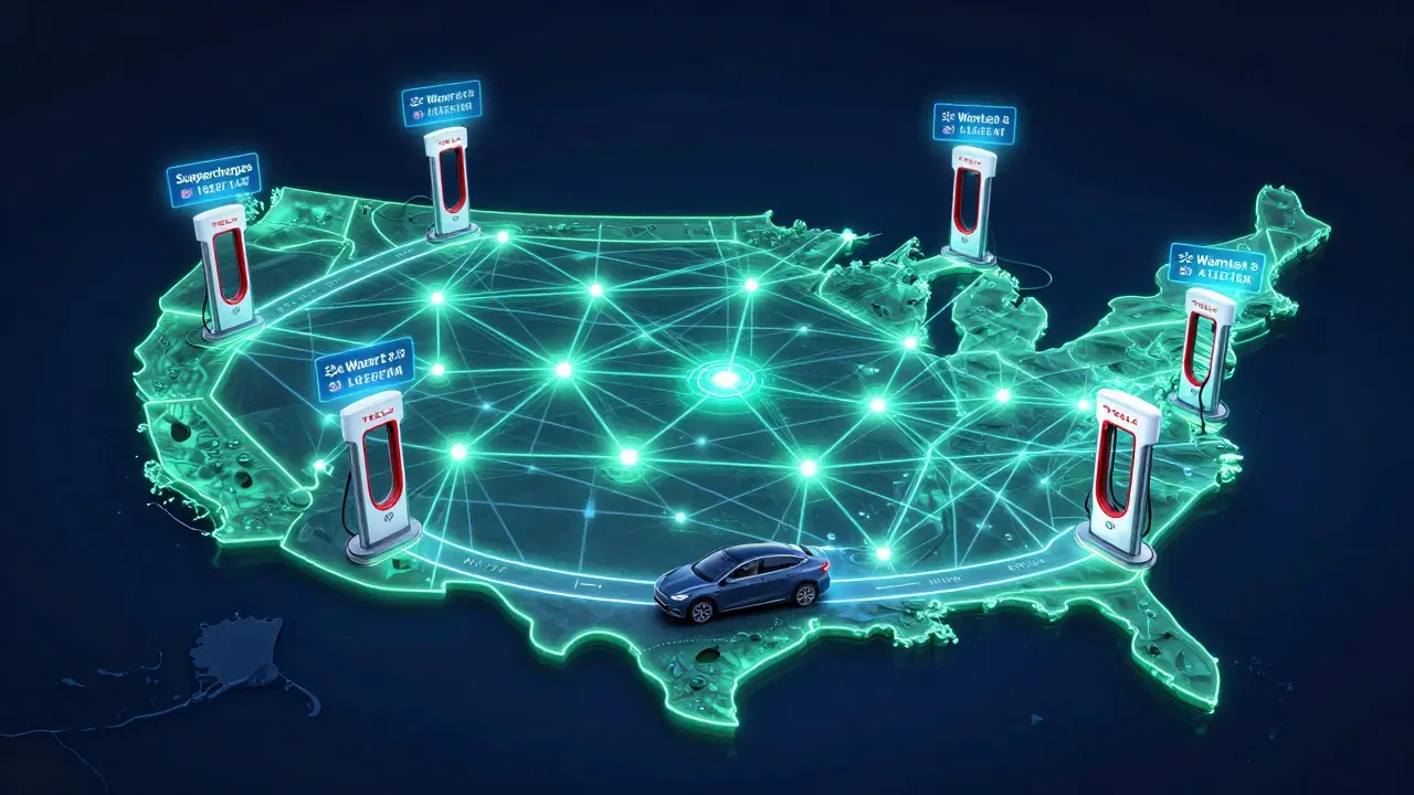 Glowing network map showing EV charging stations across the United States with AI-predicted availability.