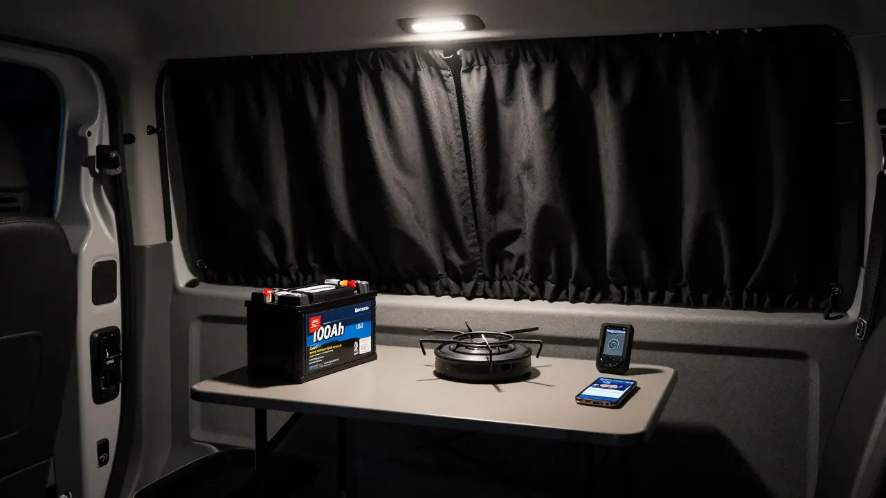 Inside a clean van at night with battery, small burner, and blackout curtains, no clutter visible.