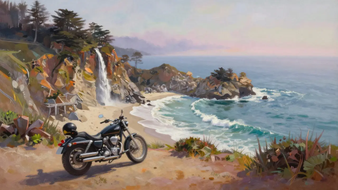 McWay Falls plunging onto a beach with a motorcycle parked at the scenic overlook.