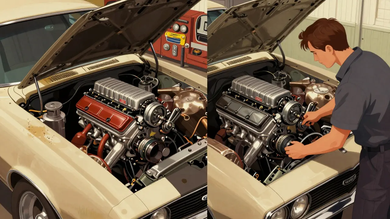 Mechanic installing a modern LS V8 engine into a 1971 Camaro, vintage and modern parts side by side.