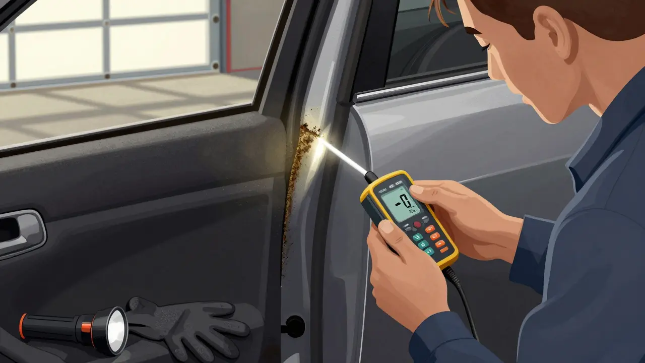Mechanic using a moisture meter to check door panel for hidden water damage.