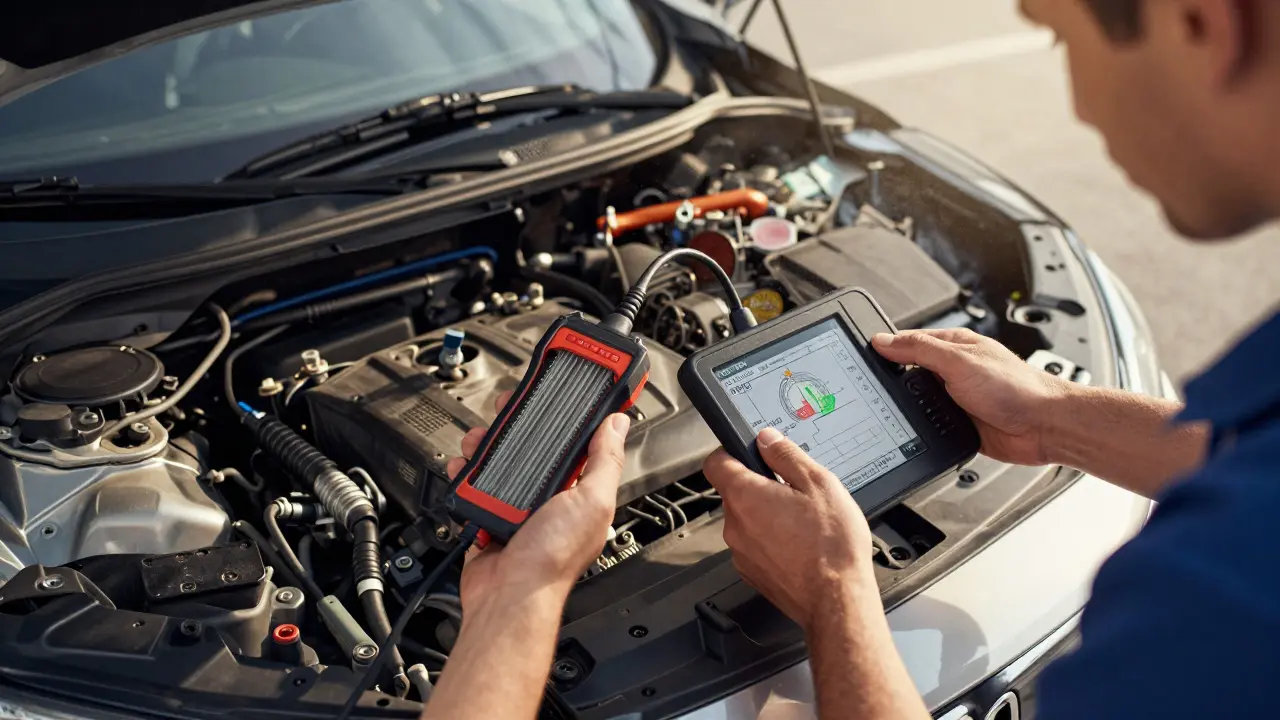 Mechanic using OBD2 scanner to check MAF sensor data in a Honda Civic engine bay.
