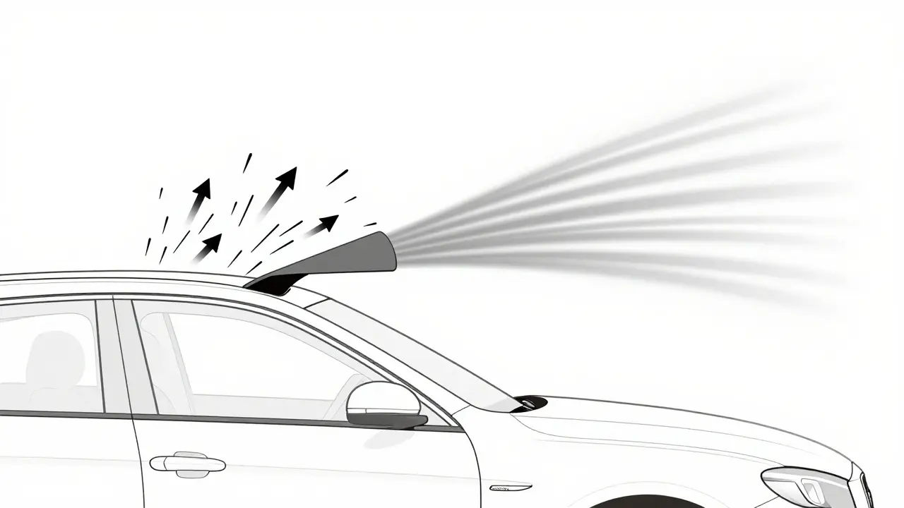 Minimalist line drawing showing airflow redirected over sunroof by wind deflector, no text, monochrome tones.