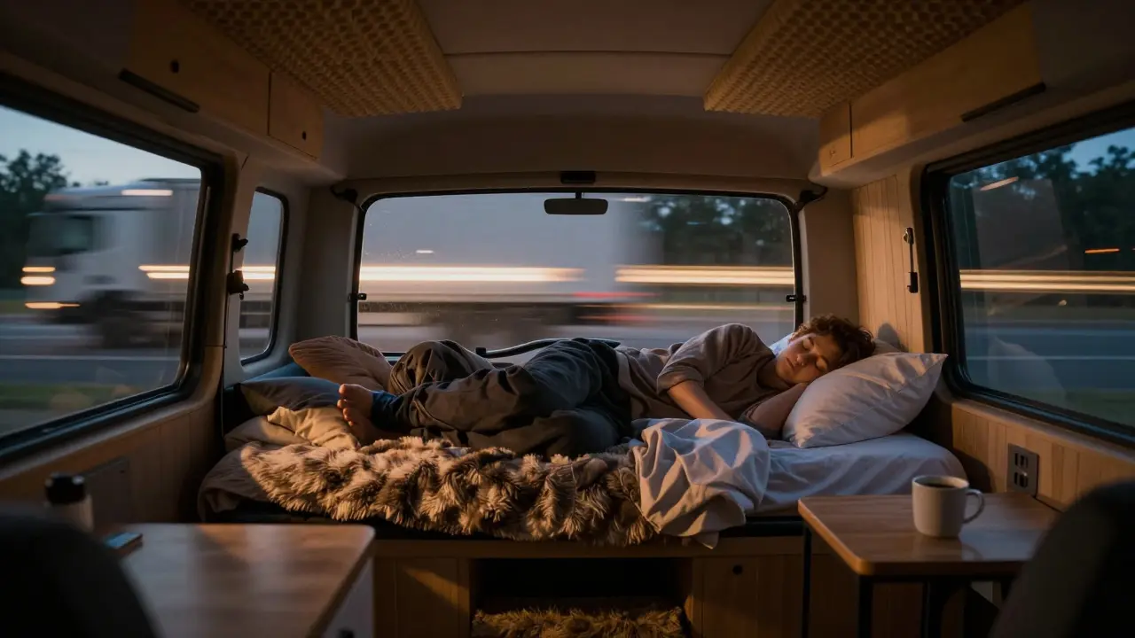 Peaceful van interior at night with occupant sleeping soundly in quiet comfort.