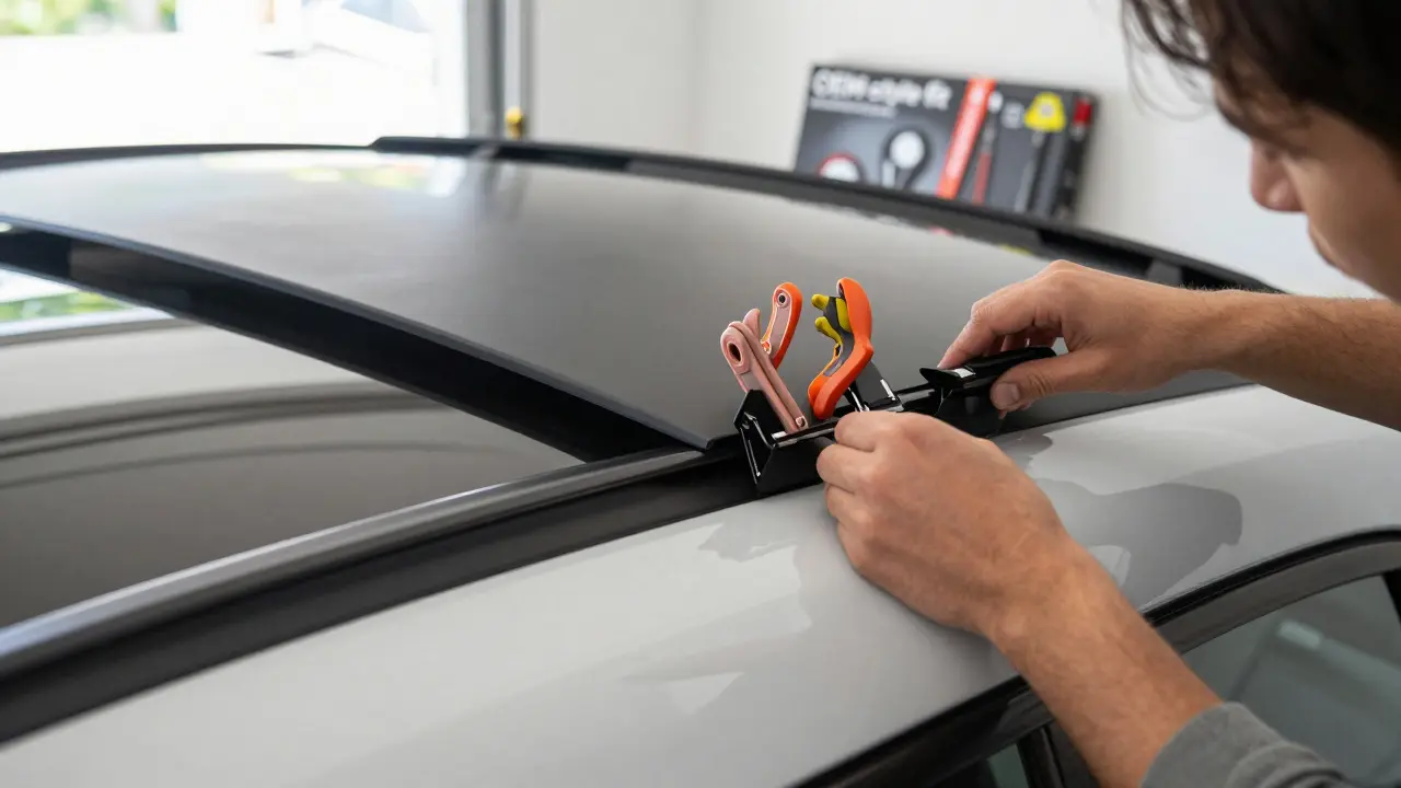 Person installing sunroof wind deflector on BMW X5 with pressure-fit clips, clean roof, no tools visible.