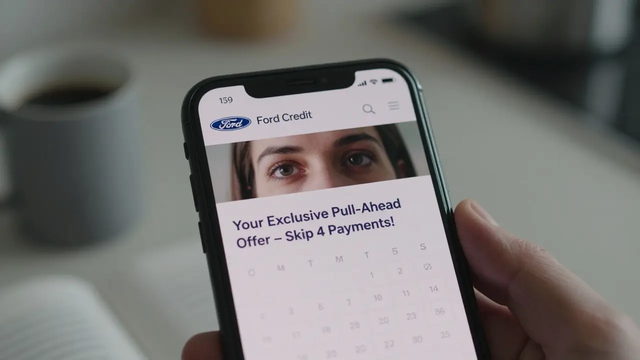 Person viewing pull-ahead lease offer on smartphone at kitchen table, coffee mug nearby.