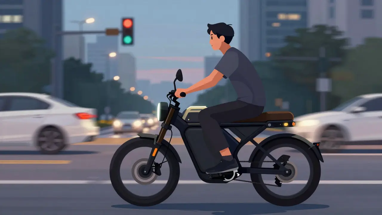 Rider on a Gemini G300 electric-assist motorcycle moving through city traffic at dusk.