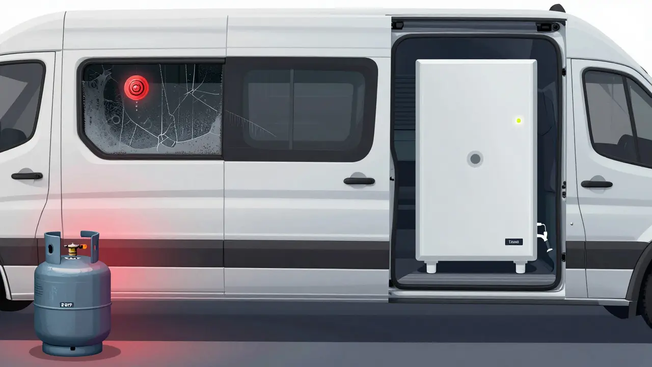 Side-by-side comparison of propane and diesel heating systems in vans, showing condensation and ventilation vs. clean, sealed operation.