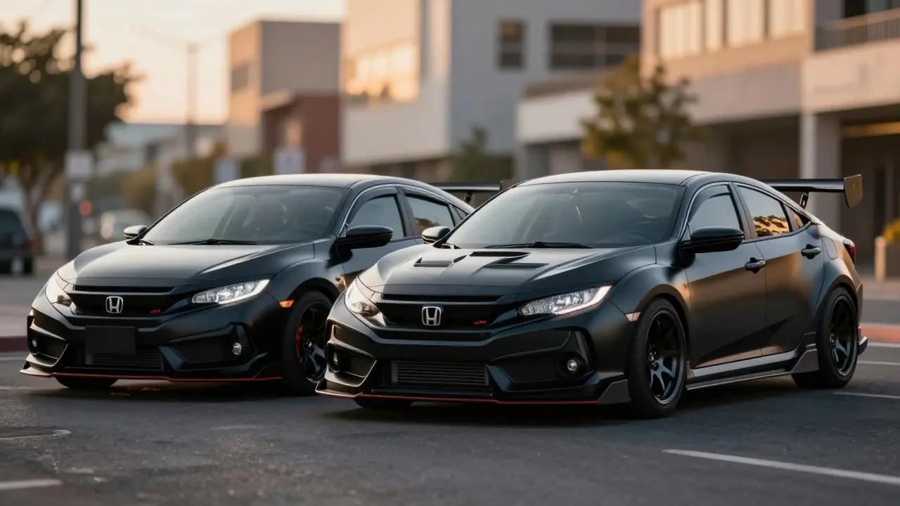 Side-by-side comparison of stock and modified Honda Civic, showcasing how a well-designed body kit enhances the car’s original lines.