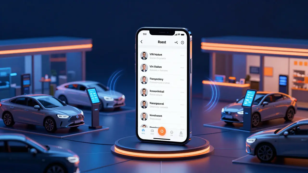 Smartphone hub connects automotive sales data to cars and customers in digital network.