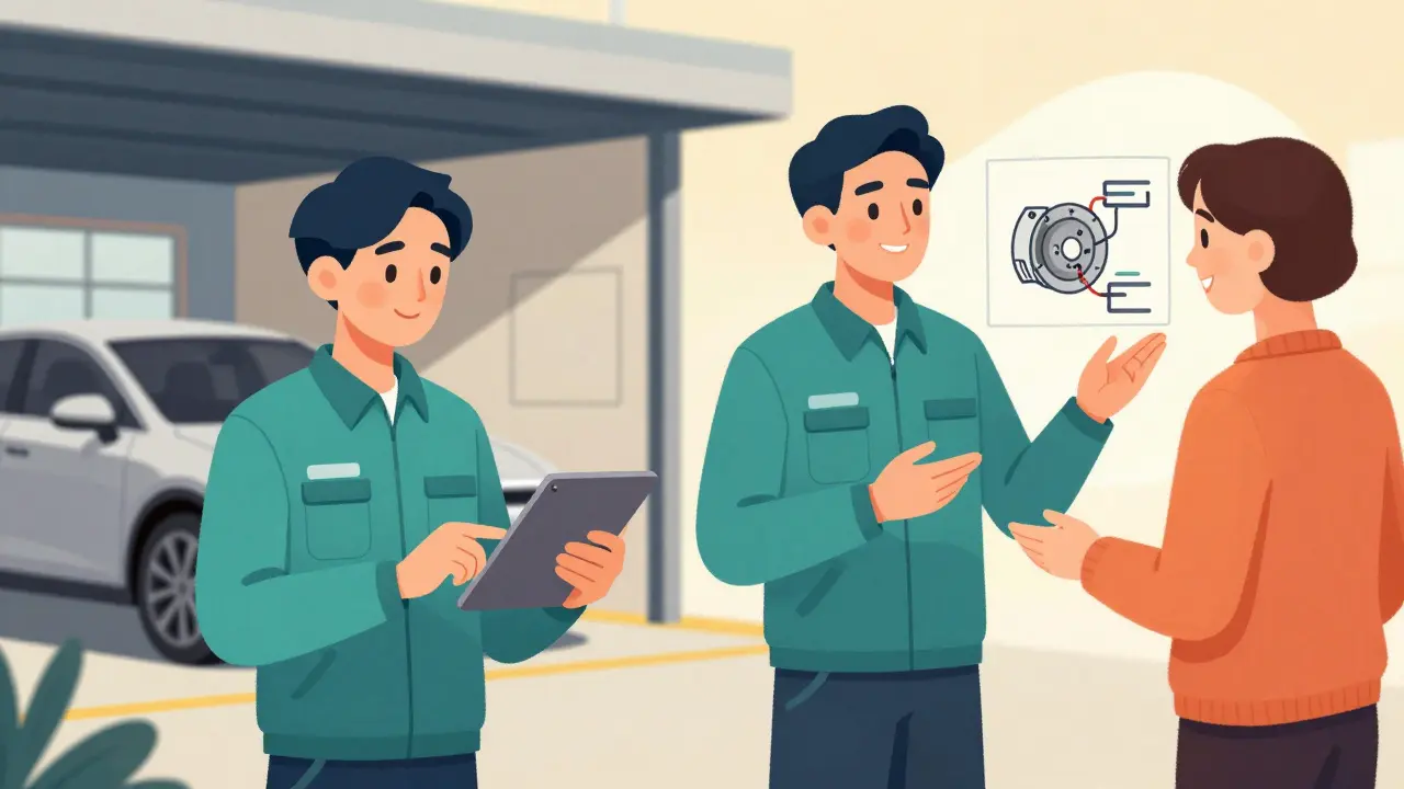Split illustration of warranty verification and customer upsell in a repair shop, with warm lighting and professional atmosphere.