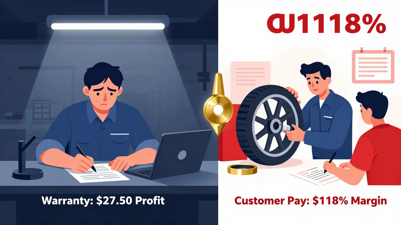 Split illustration showing low-profit warranty work vs. high-margin customer pay repairs in contrasting lighting.