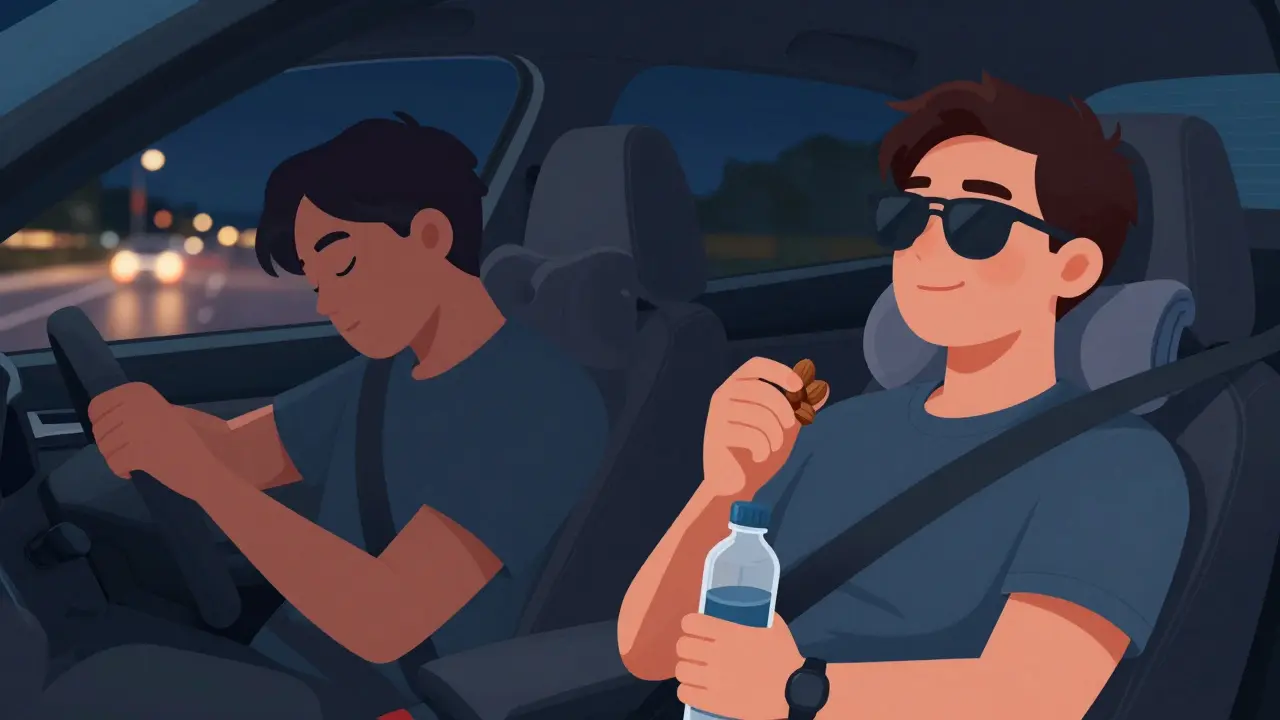 Split image of a tired driver at night versus alert driver after a nap with healthy snacks.