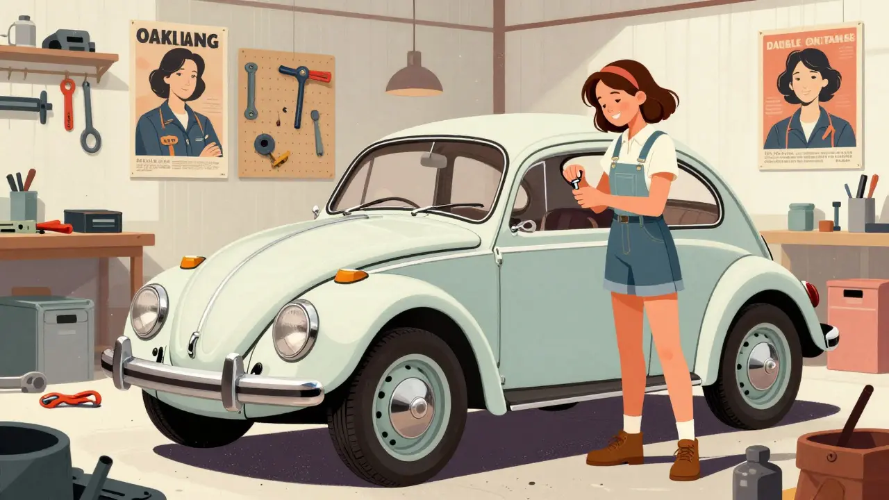 Teenage girl rebuilding a 1967 VW Beetle in a bright workshop surrounded by tools and junkyard parts.