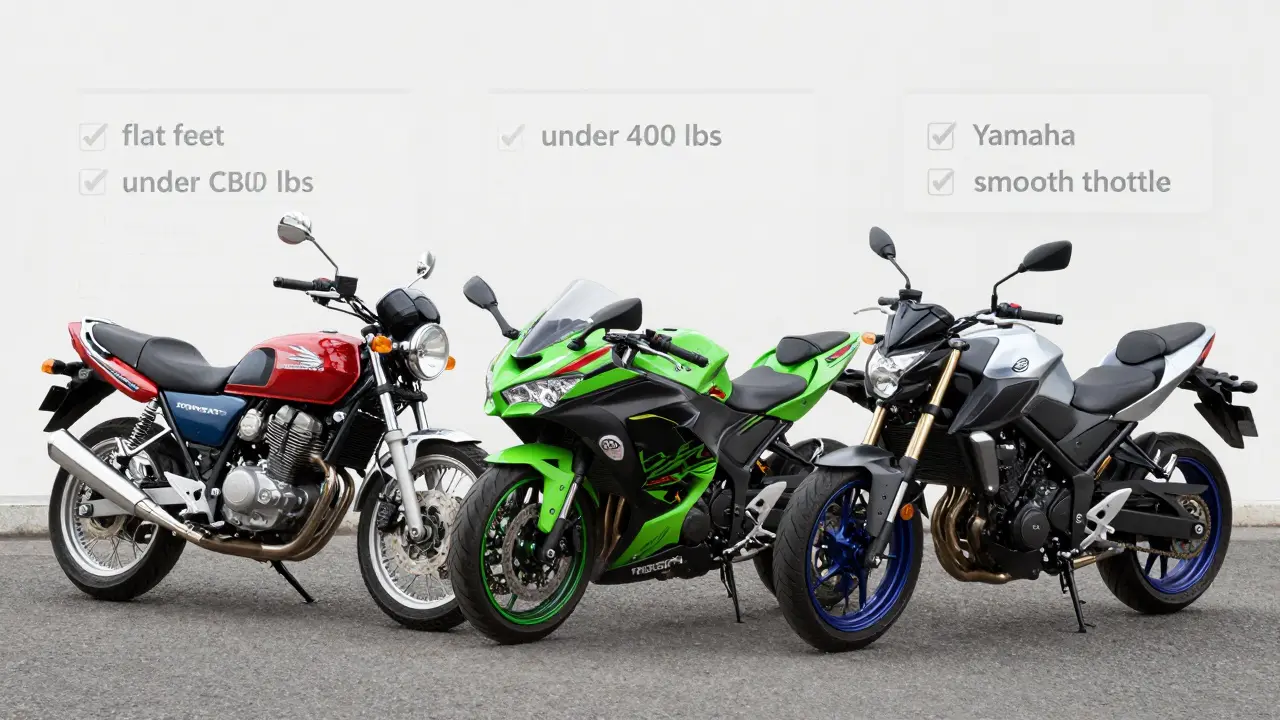 Three beginner motorcycles side by side with visual indicators of seat height, weight, and engine size.