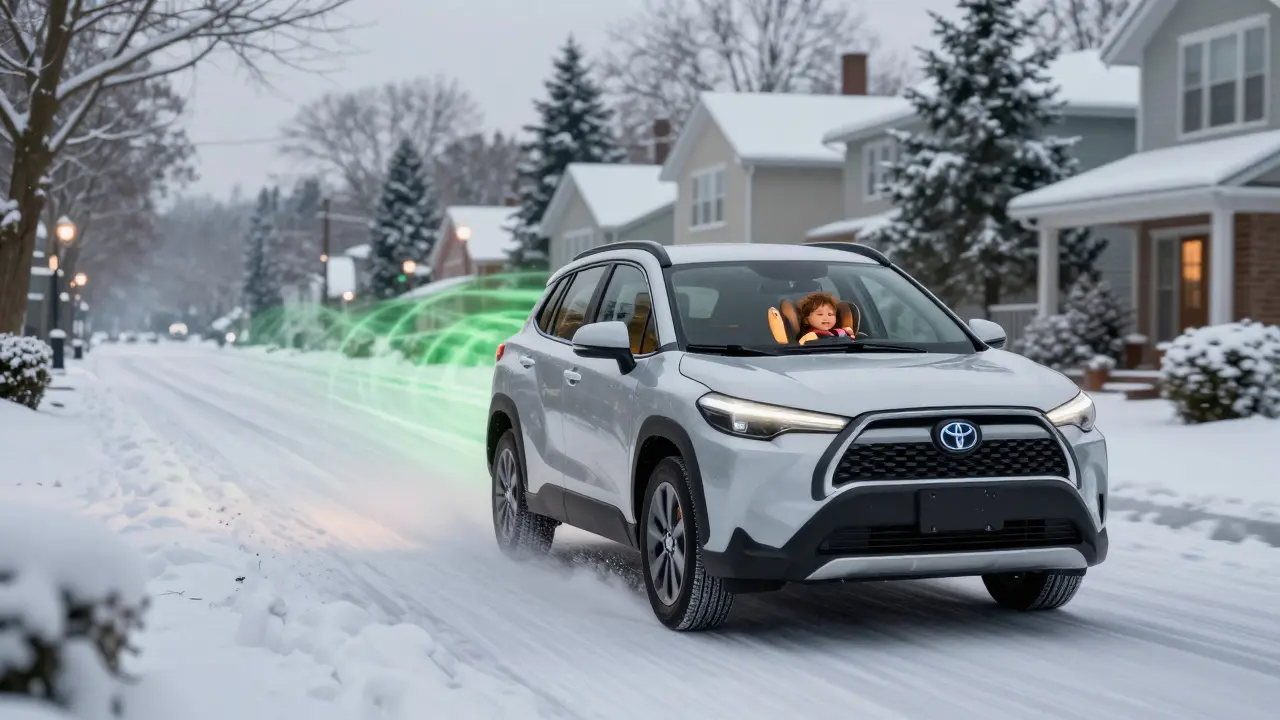 Toyota Corolla Cross Hybrid driving through snow with warm interior and green energy trail.