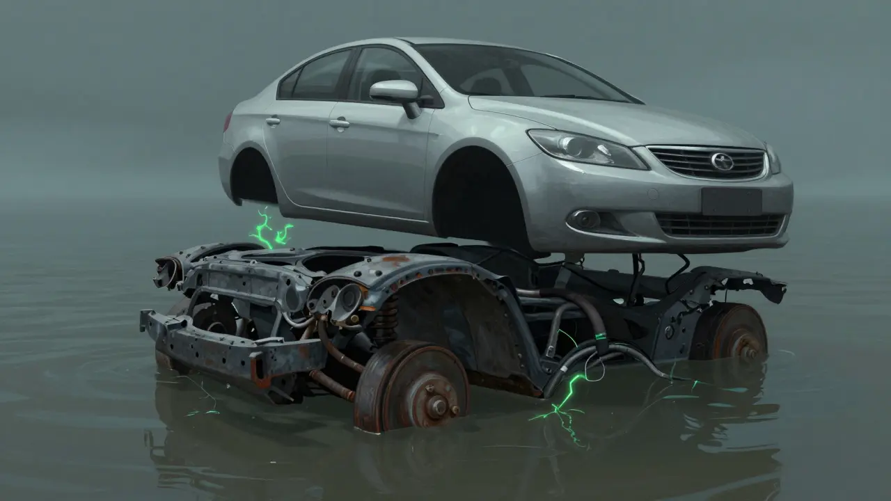 Undercarriage of a car submerged in floodwater with corroded parts and wiring.