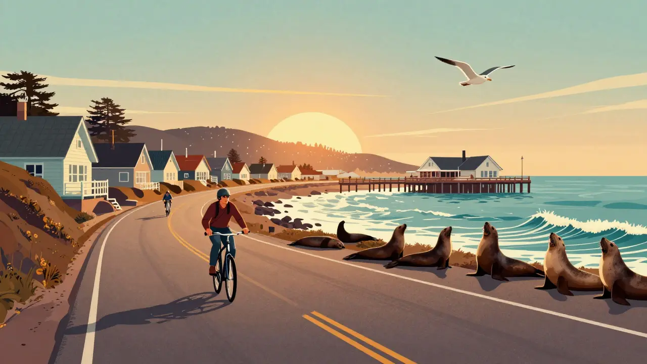 Vintage-style rider cruising past Carmel cottages and Stearns Wharf at sunset.
