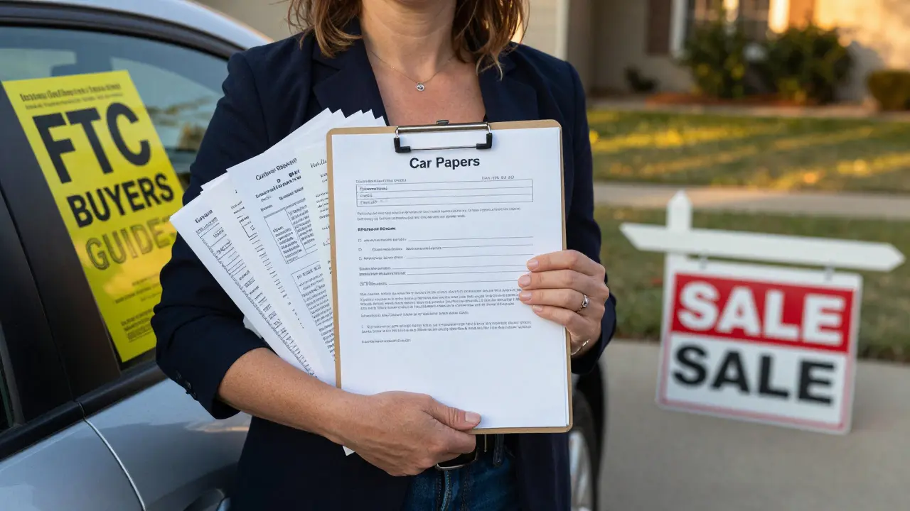 Woman holding her car documentation folder beside her vehicle with the yellow FTC Buyers Guide visible on the window.