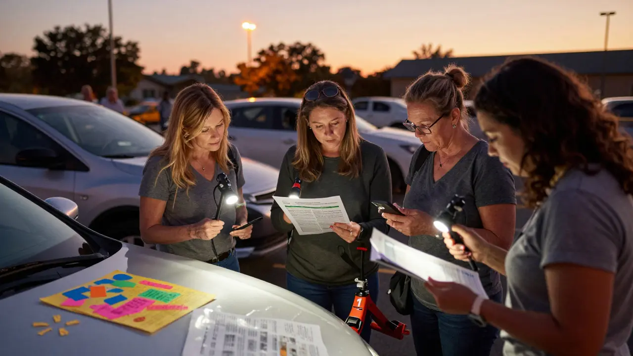 Women gathering in a parking lot at dusk, learning car repair together under streetlights with flashlights.