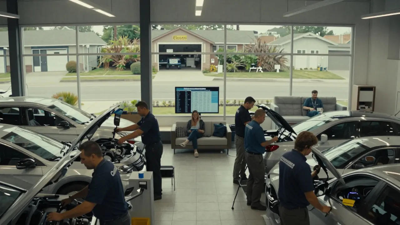 A centralized automotive service center with technicians working under LED lights, while a lone customer waits, and a closed independent garage is visible outside.
