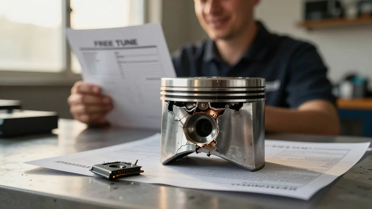 A damaged piston on a workbench beside a 'FREE TUNE' printout, with a professional tuner holding a clean dyno report in the background.