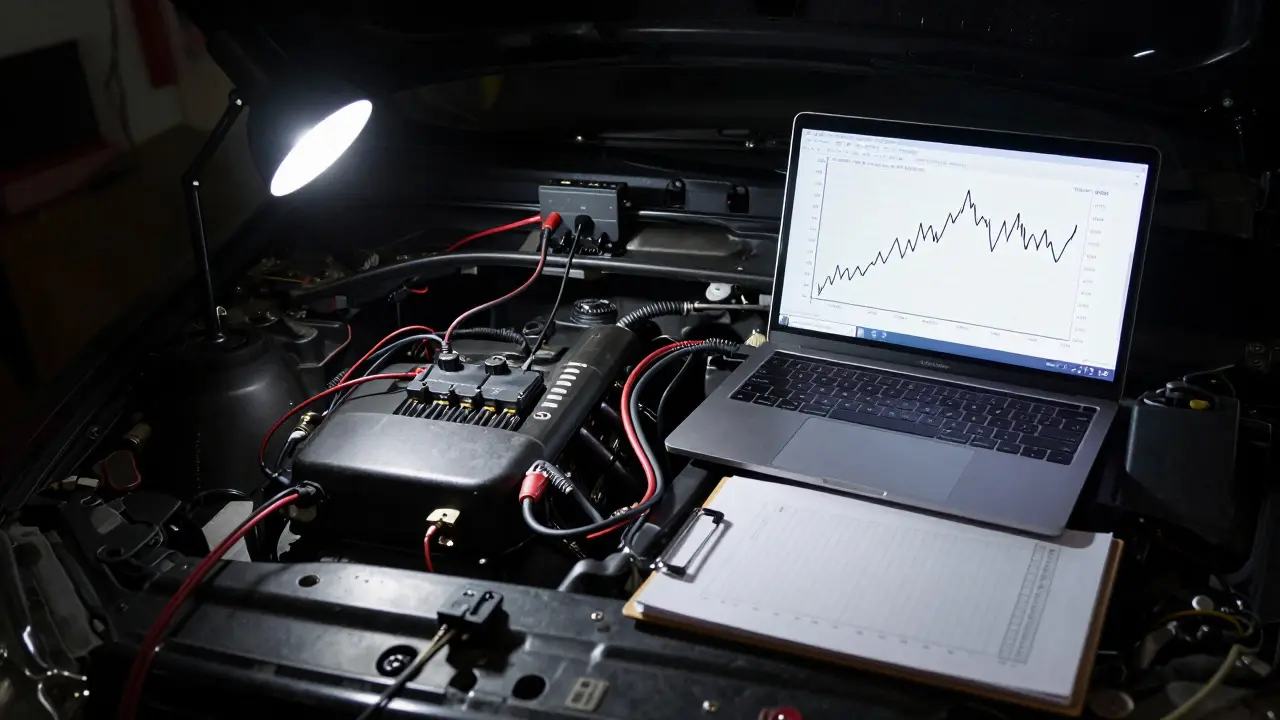 A DIY tuner working with a laptop connected to a car's ECU, next to an unstable dyno graph and scattered tools.
