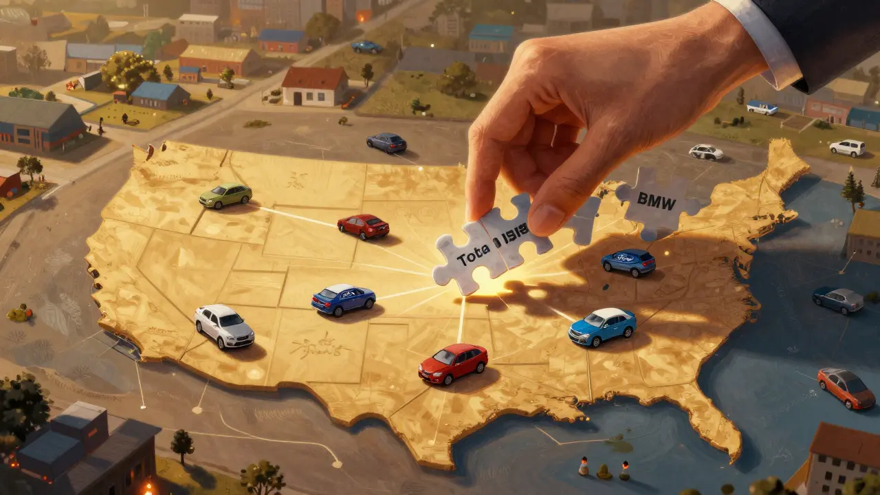 A giant corporate hand placing dealership puzzle pieces into a network map across the U.S., with fading independent dealerships in the background.