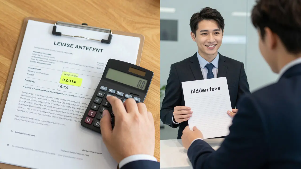 A person comparing a lease worksheet at home with a dealership salesperson hiding documents, highlighting hidden lease costs.