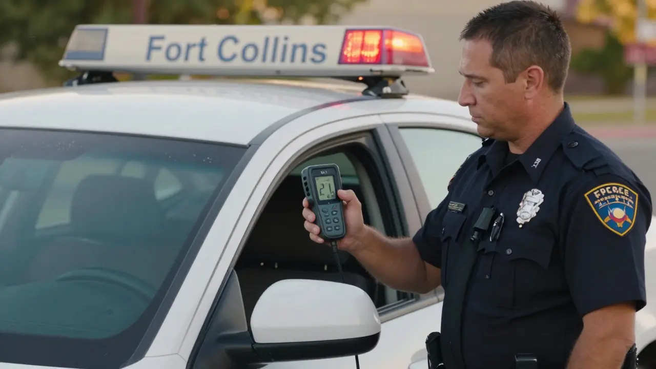A police officer using a VLT meter on a car window during a traffic stop, with the device displaying 27% light transmission.