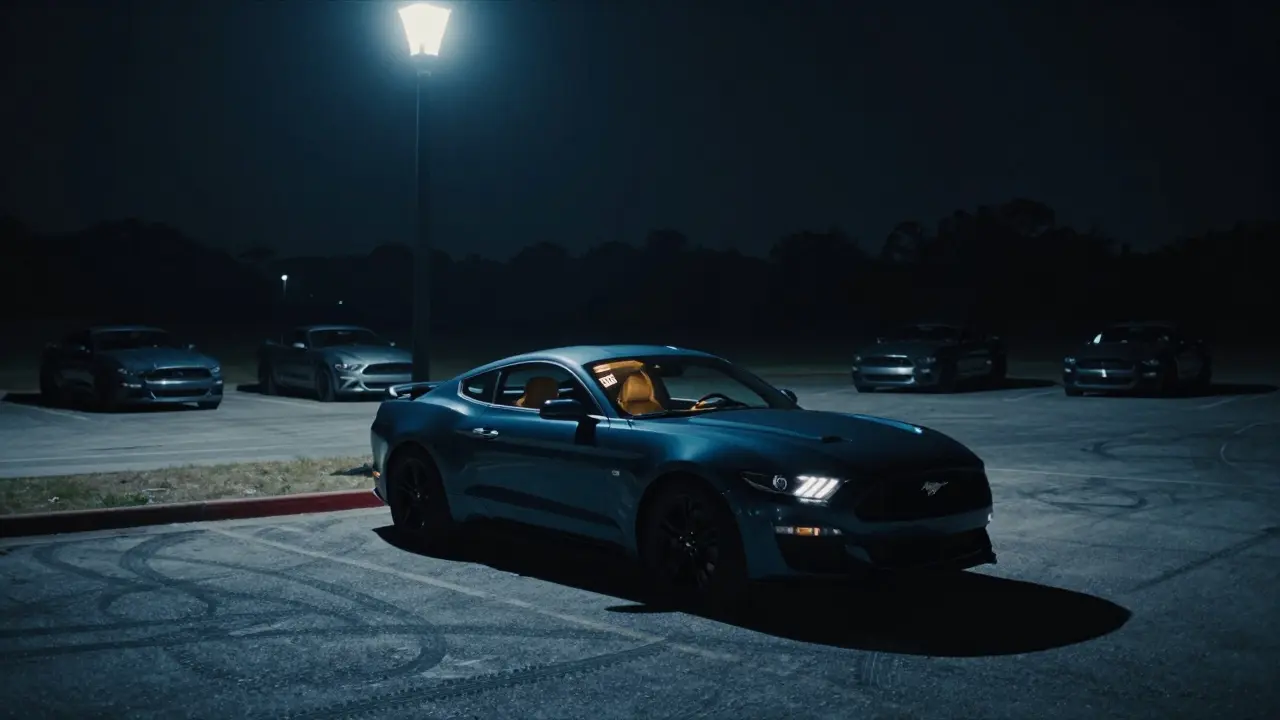 A single Ford Mustang GT under a streetlamp at night, sold sign visible, three similar cars gone from the lot.