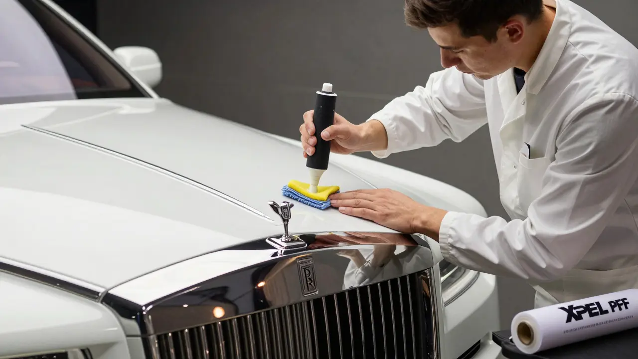 A technician applying ceramic coating to a Rolls-Royce Phantom with PPF roll visible nearby, under professional studio lighting.