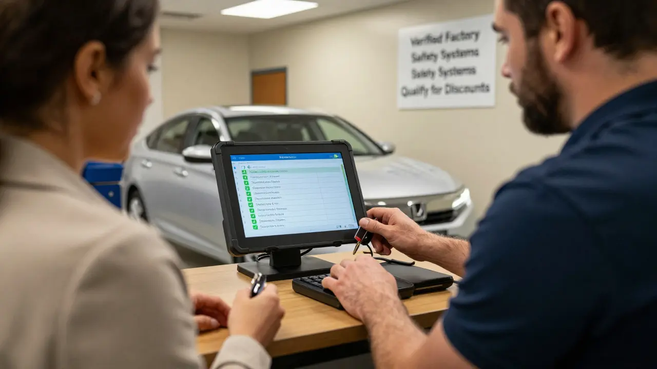 A technician checking a used car's safety systems with a diagnostic tablet in a dealership service bay.